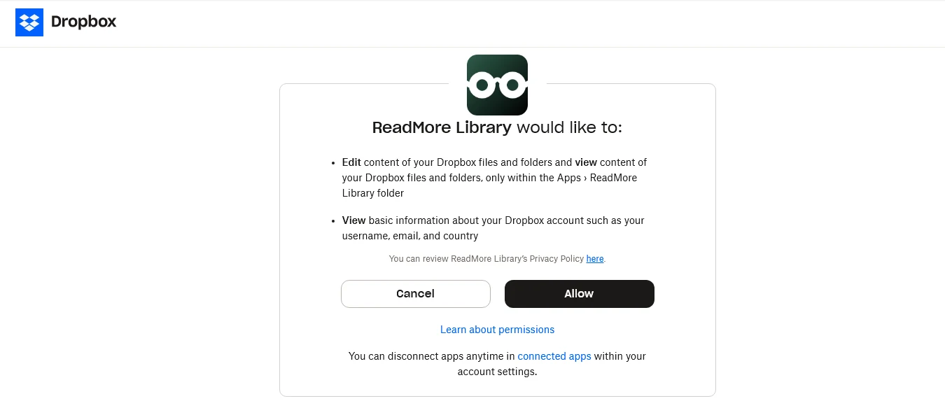 Dropbox OAuth consent screen asking to grant ReadMore access to its own app folder in Dropbox.