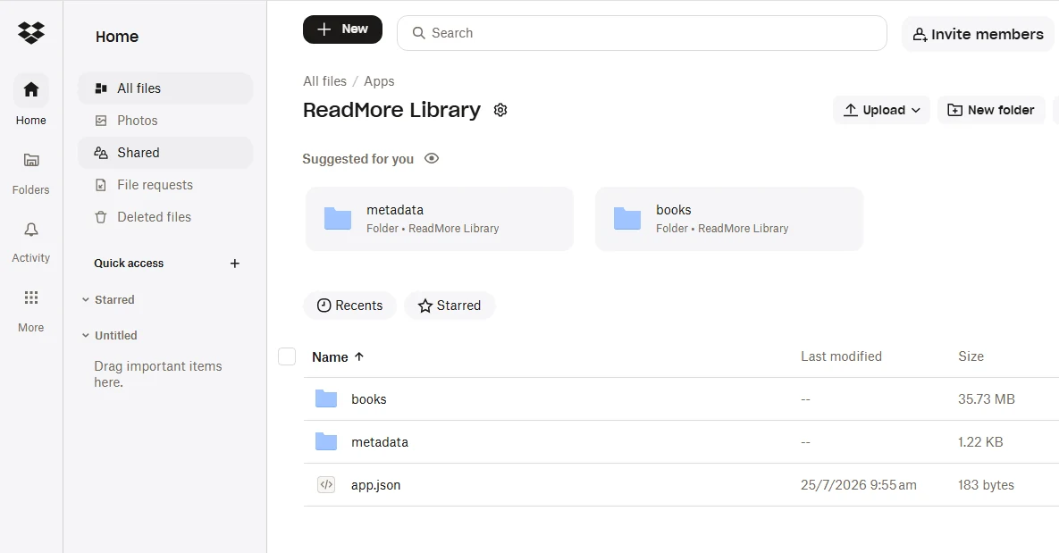 Dropbox web UI showing the Apps/Read More Library folder with the ReadMore/ subfolder populated.