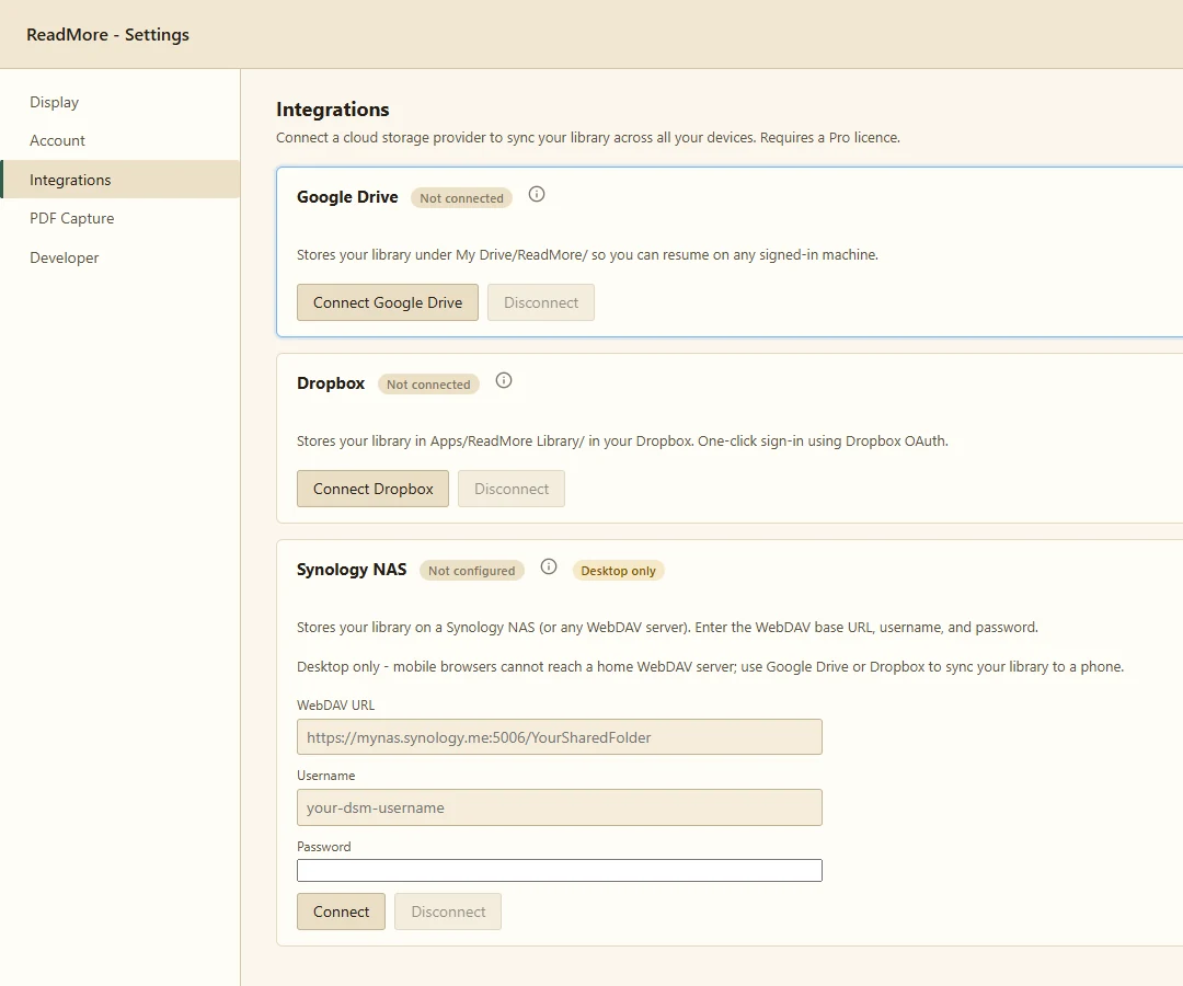 The Google Drive card in the extension Options page, showing 'Not connected' status and a Connect Google Drive button.