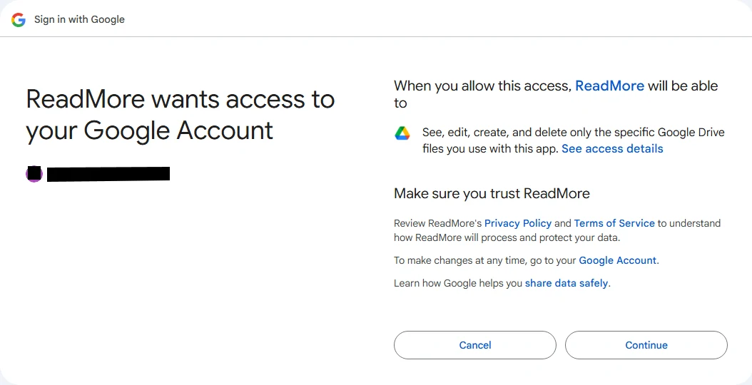 Google OAuth consent screen asking to grant ReadMore access to files it creates in the user's Google Drive.