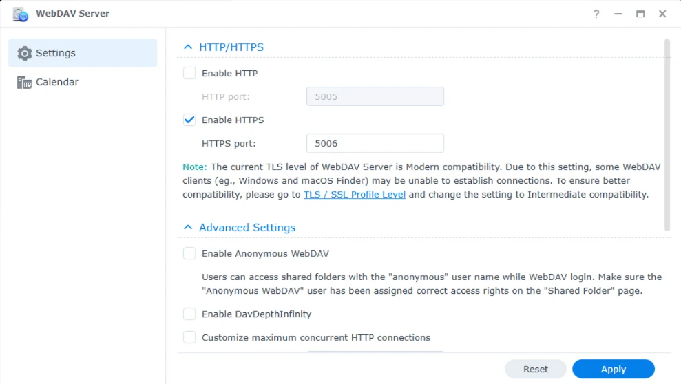 WebDAV Server Settings pane with Enable HTTPS checked and HTTPS port 5006.