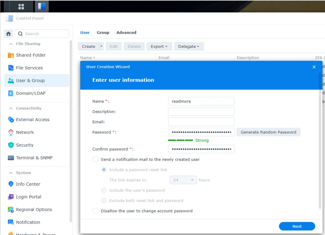 DSM Control Panel User Creation Wizard with the name 'readmore' entered and a strong password set.