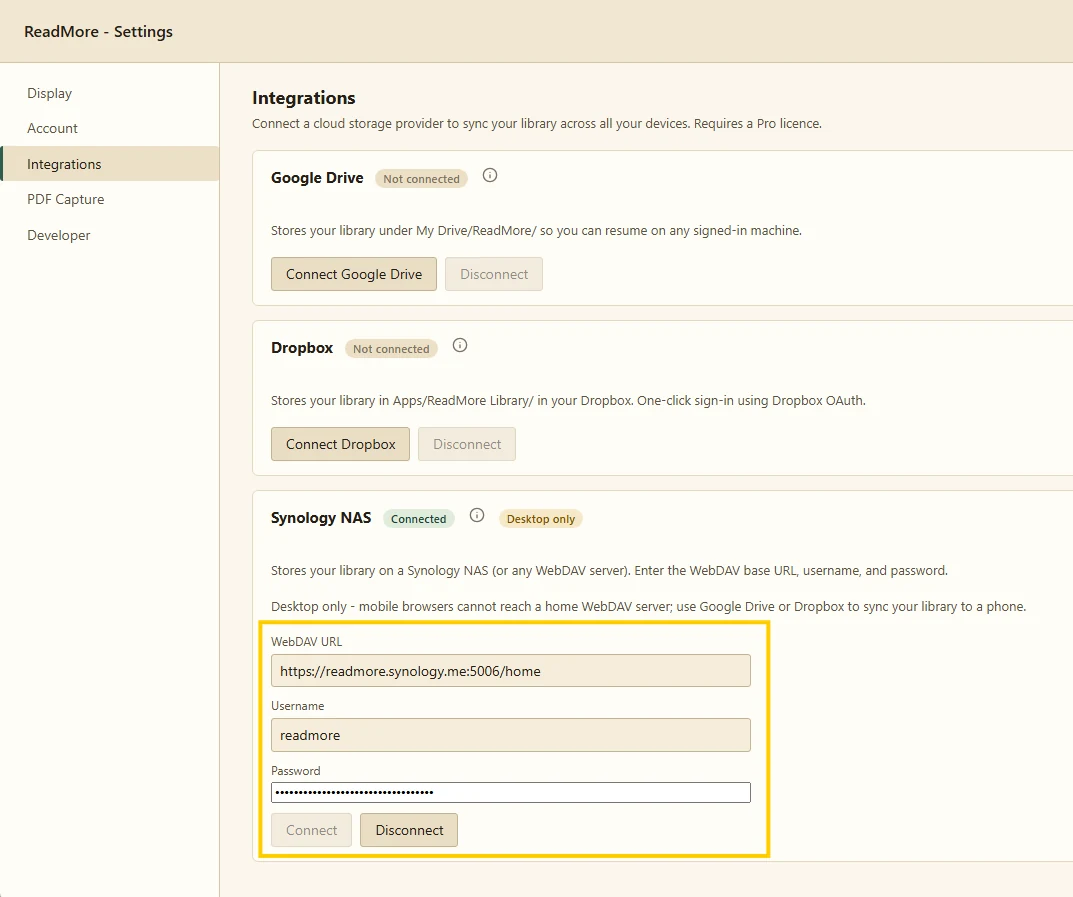 The Synology NAS card in ReadMore Options with WebDAV URL, username, and password filled in.