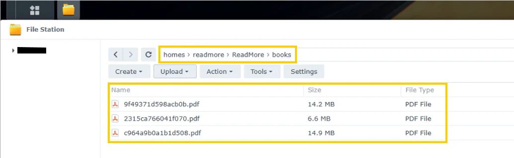 Synology File Station showing homes/readmore/ReadMore/books/ with three PDF files uploaded by ReadMore.