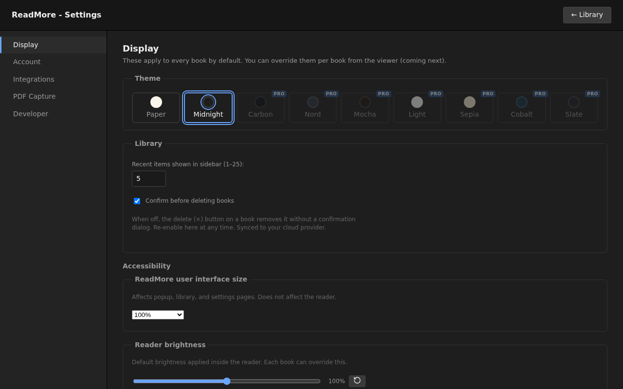 The ReadMore theme picker showing nine themes
